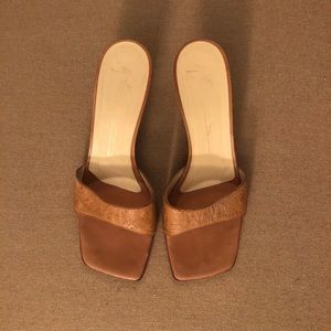 Vicini Leather strap open back heels in camel